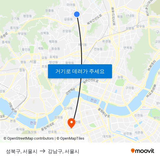 성북구, 서울시 to 강남구, 서울시 map
