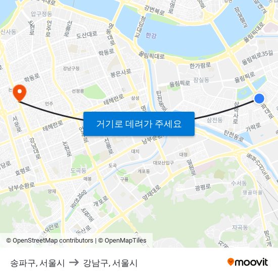 송파구, 서울시 to 강남구, 서울시 map