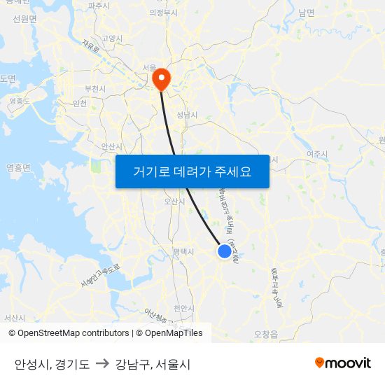 안성시, 경기도 to 강남구, 서울시 map