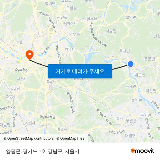 양평군, 경기도 to 강남구, 서울시 map