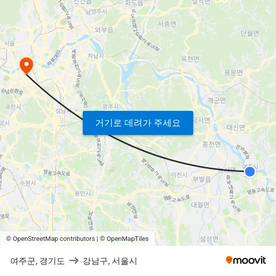 여주군, 경기도 to 강남구, 서울시 map