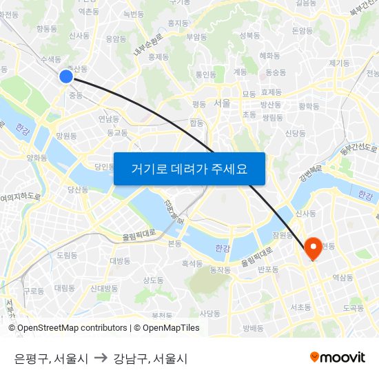 은평구, 서울시 to 강남구, 서울시 map