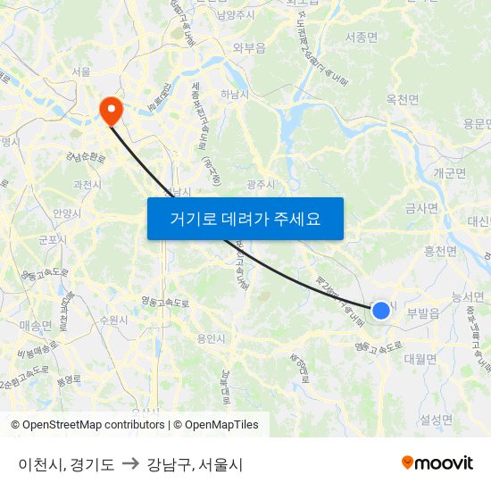 이천시, 경기도 to 강남구, 서울시 map