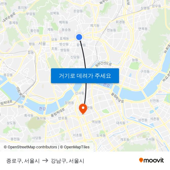 종로구, 서울시 to 강남구, 서울시 map