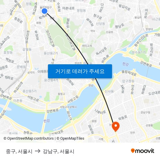 중구, 서울시 to 강남구, 서울시 map