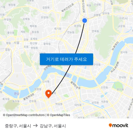 중랑구, 서울시 to 강남구, 서울시 map