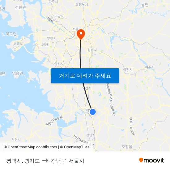 평택시, 경기도 to 강남구, 서울시 map