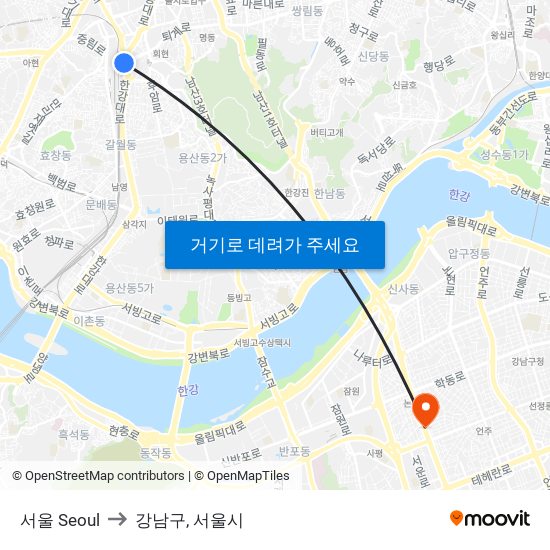 서울 Seoul to 강남구, 서울시 map