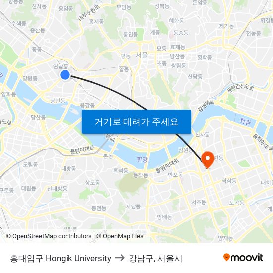 홍대입구 Hongik University to 강남구, 서울시 map