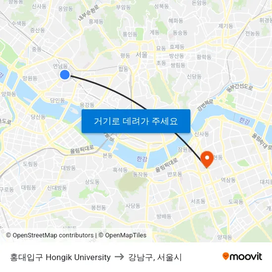 홍대입구 Hongik University to 강남구, 서울시 map