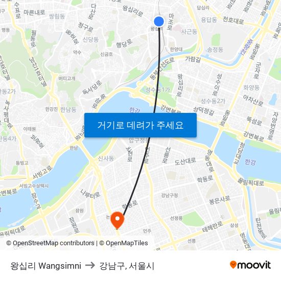 왕십리 Wangsimni to 강남구, 서울시 map
