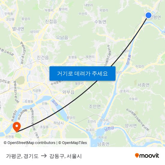 가평군, 경기도 to 강동구, 서울시 map