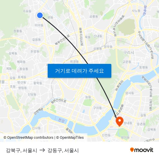 강북구, 서울시 to 강동구, 서울시 map