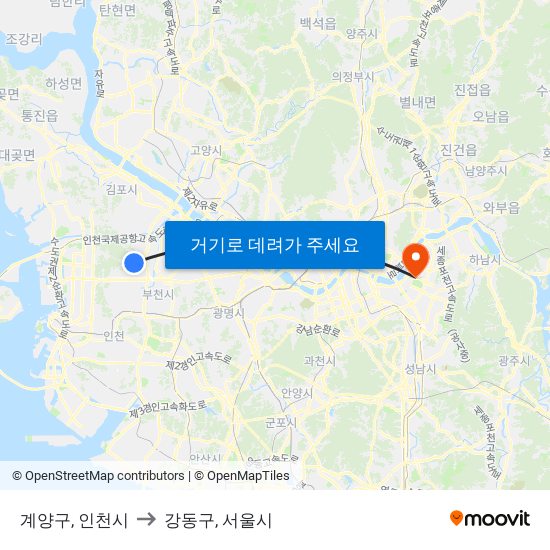 계양구, 인천시 to 강동구, 서울시 map