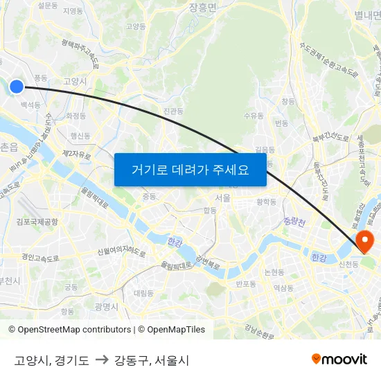 고양시, 경기도 to 강동구, 서울시 map