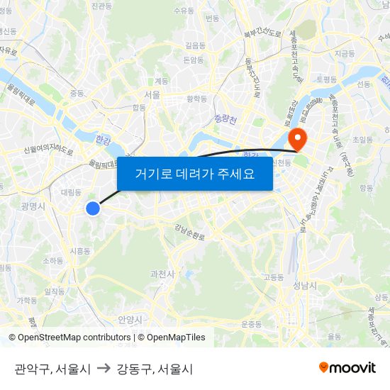 관악구, 서울시 to 강동구, 서울시 map