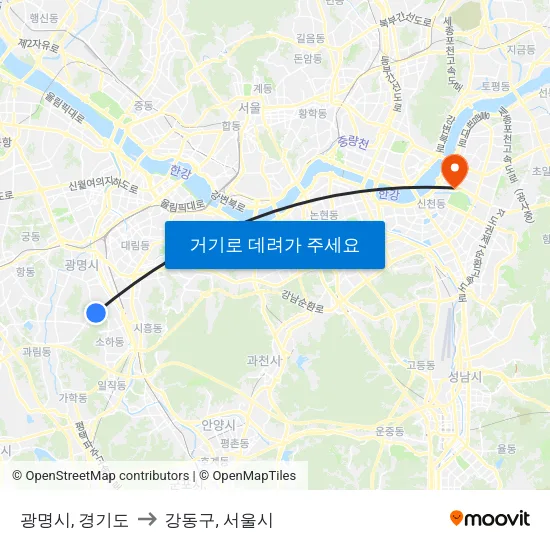 광명시, 경기도 to 강동구, 서울시 map
