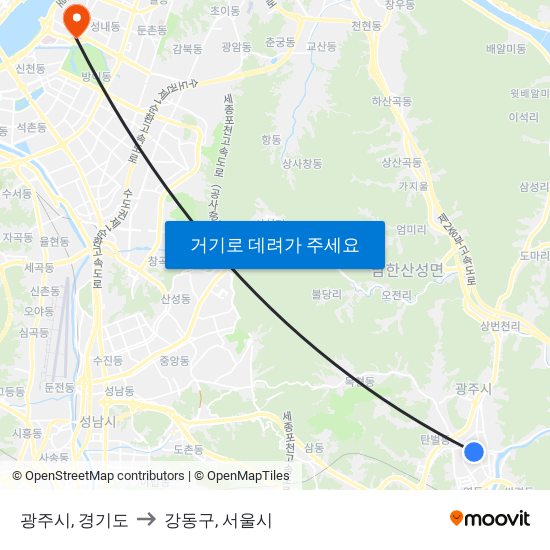 광주시, 경기도 to 강동구, 서울시 map