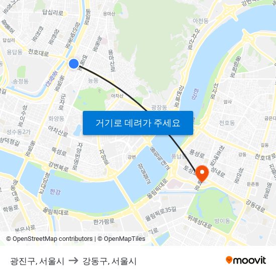 광진구, 서울시 to 강동구, 서울시 map