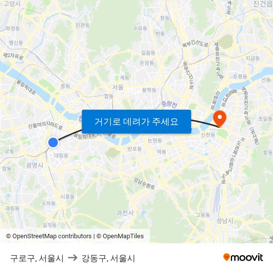 구로구, 서울시 to 강동구, 서울시 map