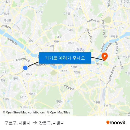 구로구, 서울시 to 강동구, 서울시 map