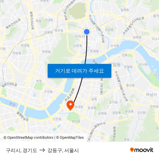 구리시, 경기도 to 강동구, 서울시 map