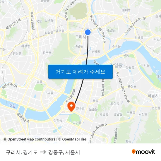 구리시, 경기도 to 강동구, 서울시 map