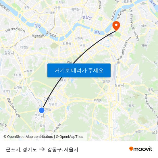 군포시, 경기도 to 강동구, 서울시 map