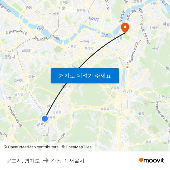 군포시, 경기도 to 강동구, 서울시 map