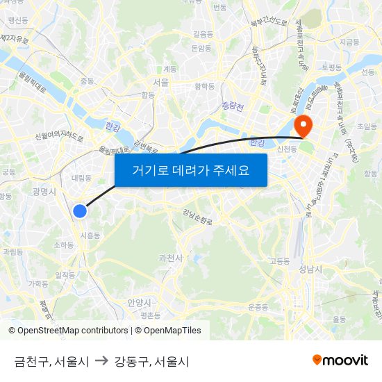 금천구, 서울시 to 강동구, 서울시 map