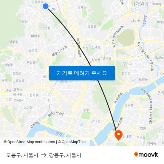 도봉구, 서울시 to 강동구, 서울시 map