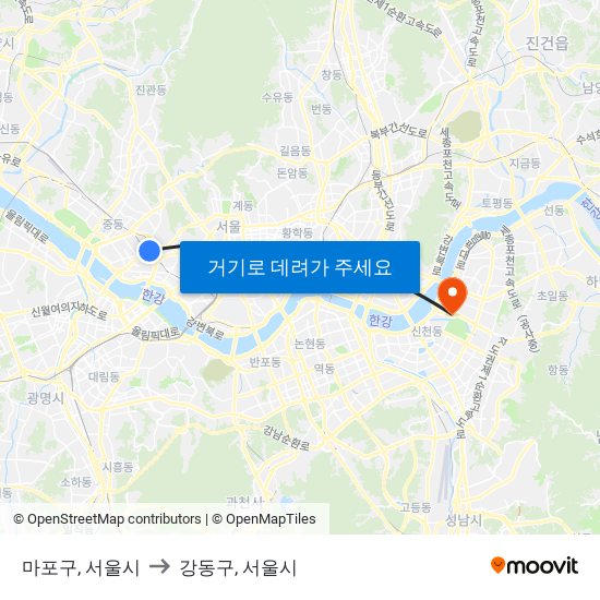 마포구, 서울시 to 강동구, 서울시 map