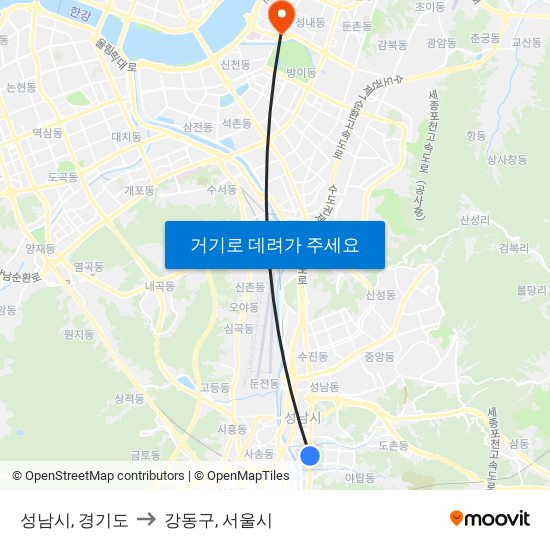 성남시, 경기도 to 강동구, 서울시 map
