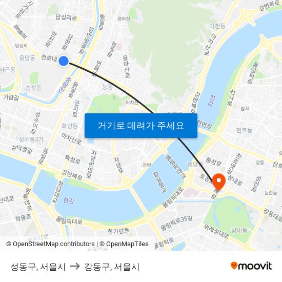 성동구, 서울시 to 강동구, 서울시 map