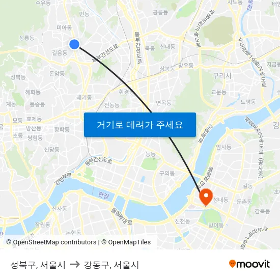 성북구, 서울시 to 강동구, 서울시 map
