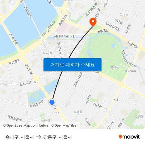 송파구, 서울시 to 강동구, 서울시 map