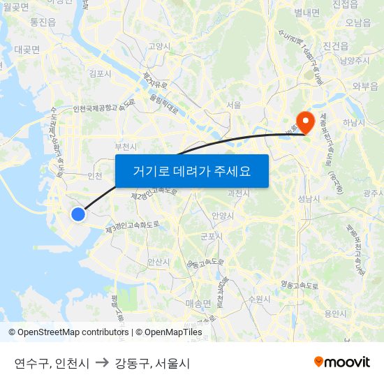 연수구, 인천시 to 강동구, 서울시 map
