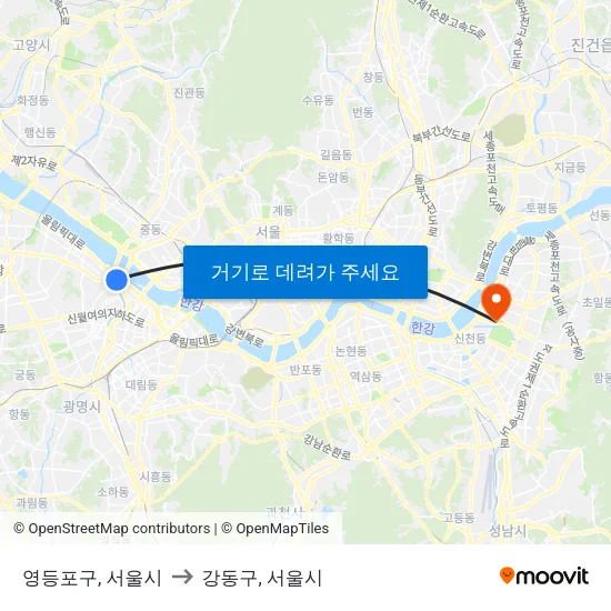 영등포구, 서울시 to 강동구, 서울시 map