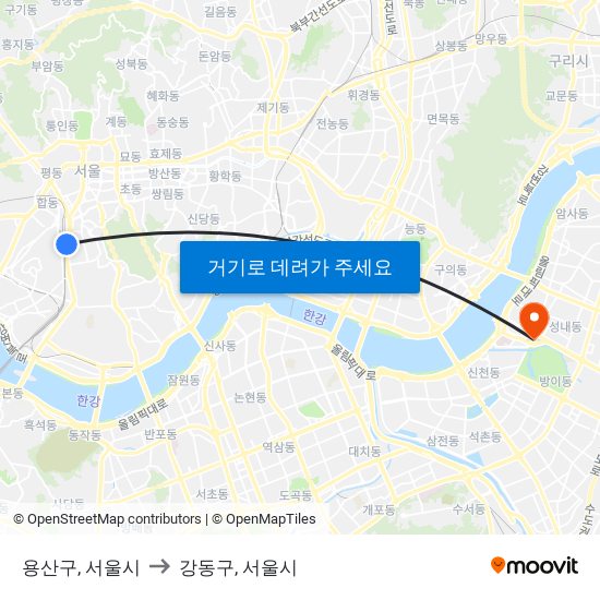 용산구, 서울시 to 강동구, 서울시 map