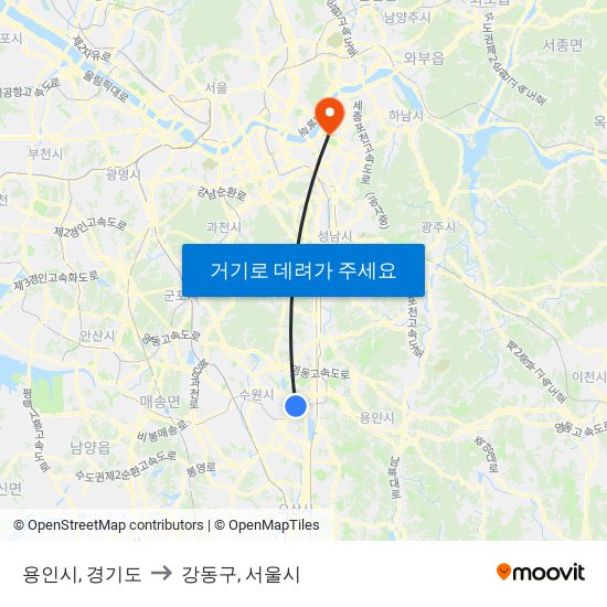 용인시, 경기도 to 강동구, 서울시 map