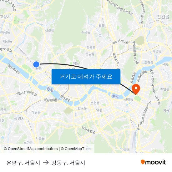 은평구, 서울시 to 강동구, 서울시 map