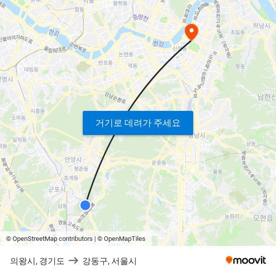 의왕시, 경기도 to 강동구, 서울시 map