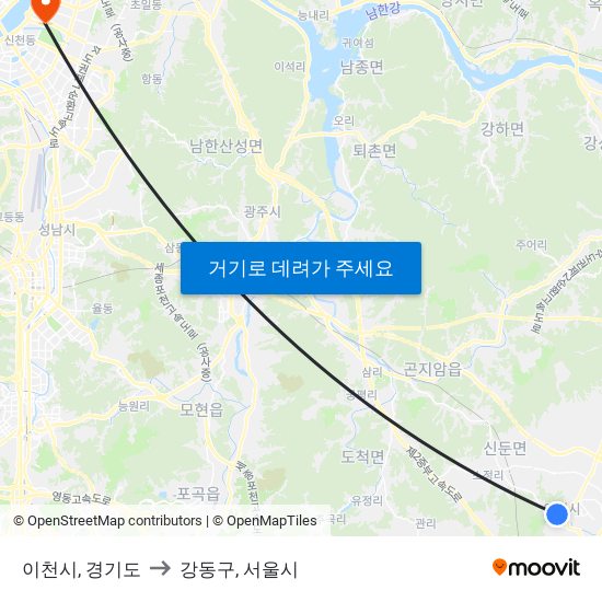 이천시, 경기도 to 강동구, 서울시 map