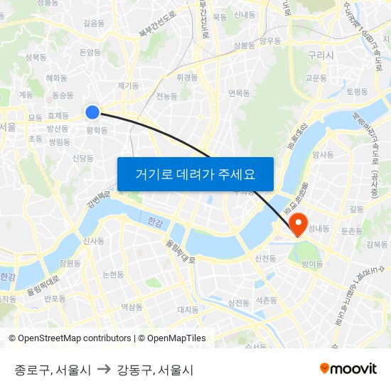 종로구, 서울시 to 강동구, 서울시 map