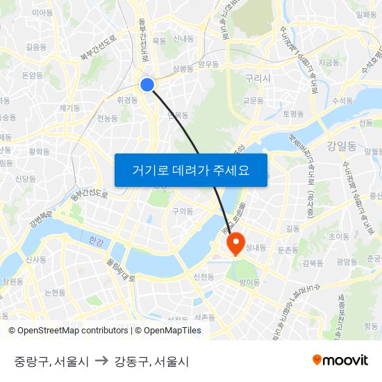 중랑구, 서울시 to 강동구, 서울시 map