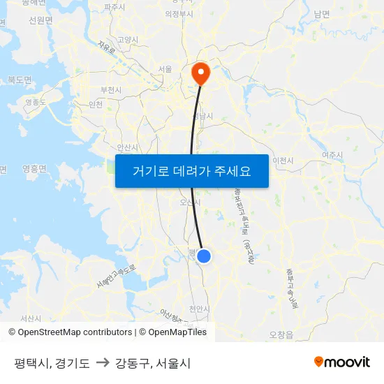 평택시, 경기도 to 강동구, 서울시 map