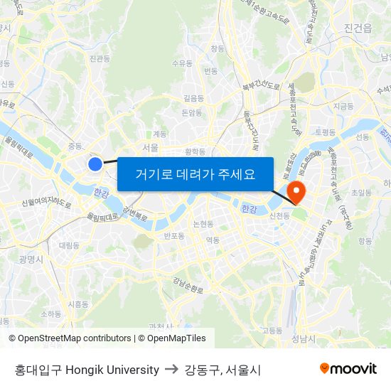 홍대입구 Hongik University to 강동구, 서울시 map