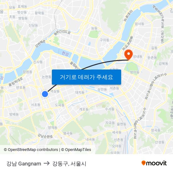 강남 Gangnam to 강동구, 서울시 map