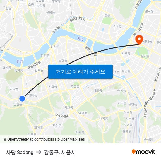 사당 Sadang to 강동구, 서울시 map