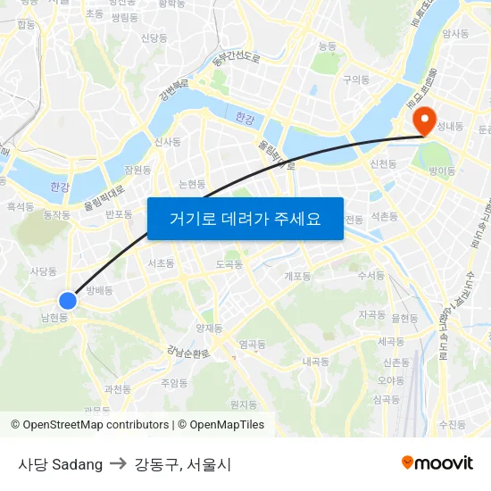 사당 Sadang to 강동구, 서울시 map